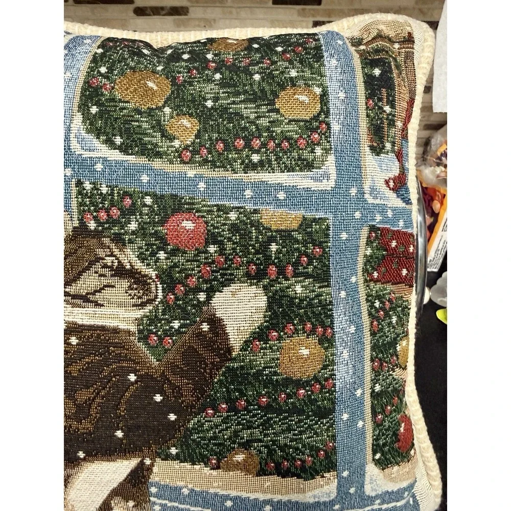 Vintage Holiday Pillow Anne Mortimer Tapestry Cat At Windowsill 12